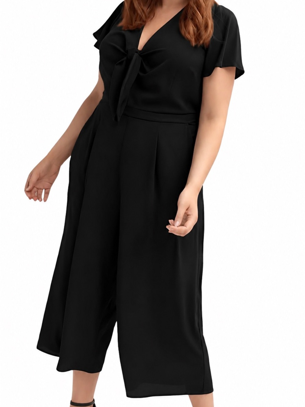 City Chic BLACK Tie-Front Wide Leg Jumpsuit with Flutter Sleeves M18 plus 2x